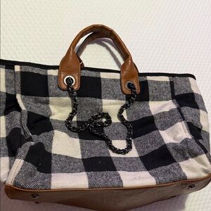 Chic Black and White Checkered Tote with Tan Leather Handles